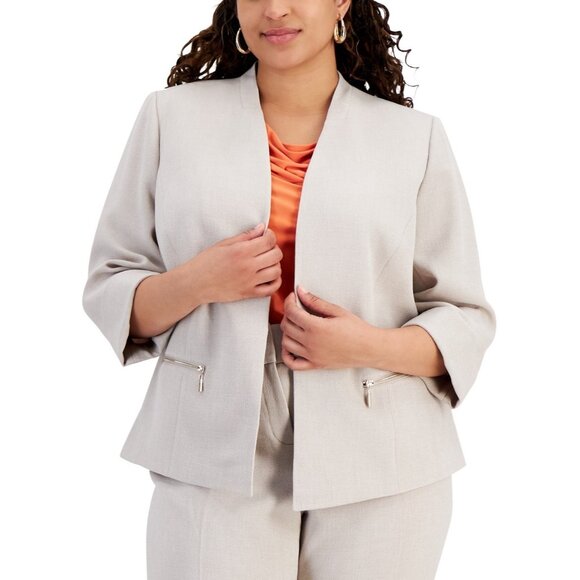 Kasper Plus Size 14W Zip-Pocket Cuffed 3/4-Sleeve Blazer Beige MSRP $129 - Picture 1 of 4